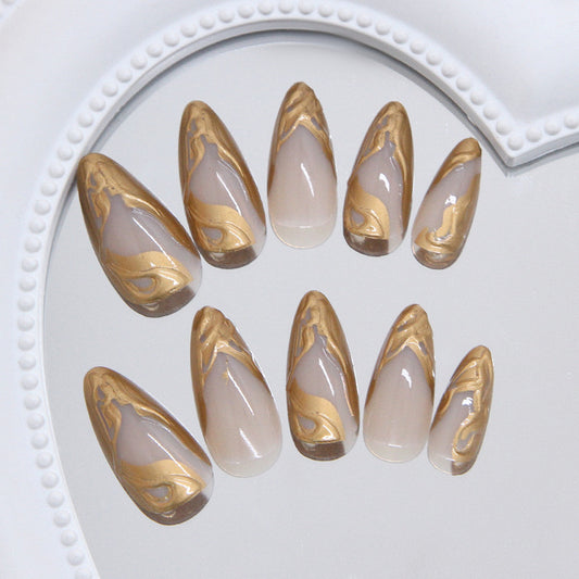 Elegance Inspired Long Almond Shaped Beige and Gold Marble Effect Press On Nail Set