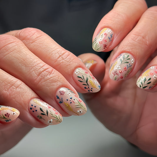 Floral Garden Elegant Short Oval Shaped Neutral with Colorful Blossom Design Press On Nail Set