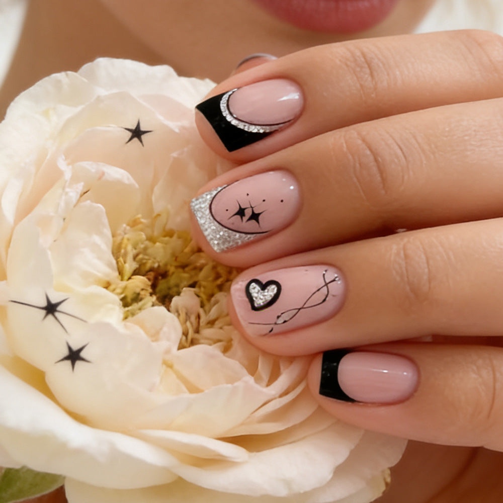 Celestial Dream Short Square Pink and Black Nails with Sparkling Accents