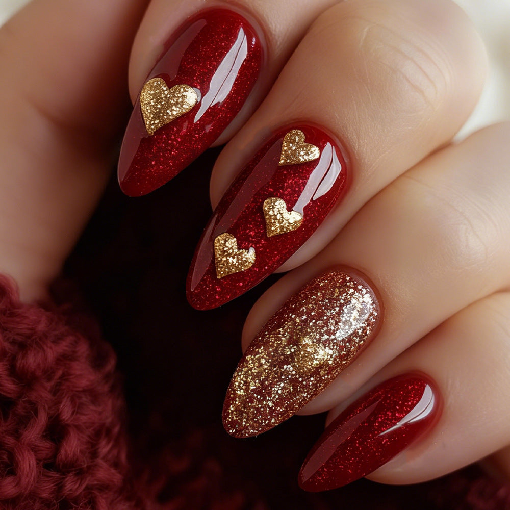 Romantic Elegance Long Almond Red Sparkling Glitter with Gold Heart Accents