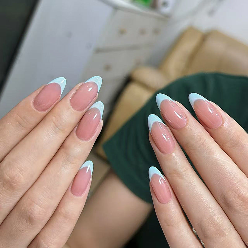 Dreamy Ocean Vibes Medium Almond Shaped Beige Pink and Blue Tip Press On Nail Set with Glossy Finish