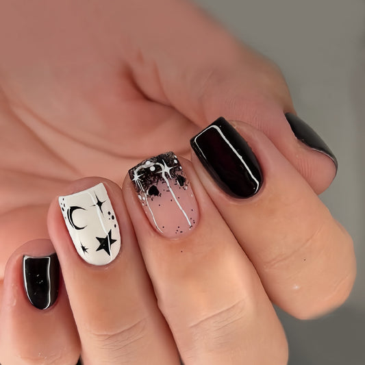 Mystical Night Sky Short Square Shaped Black and White Gradient Nail Set with Starry Design