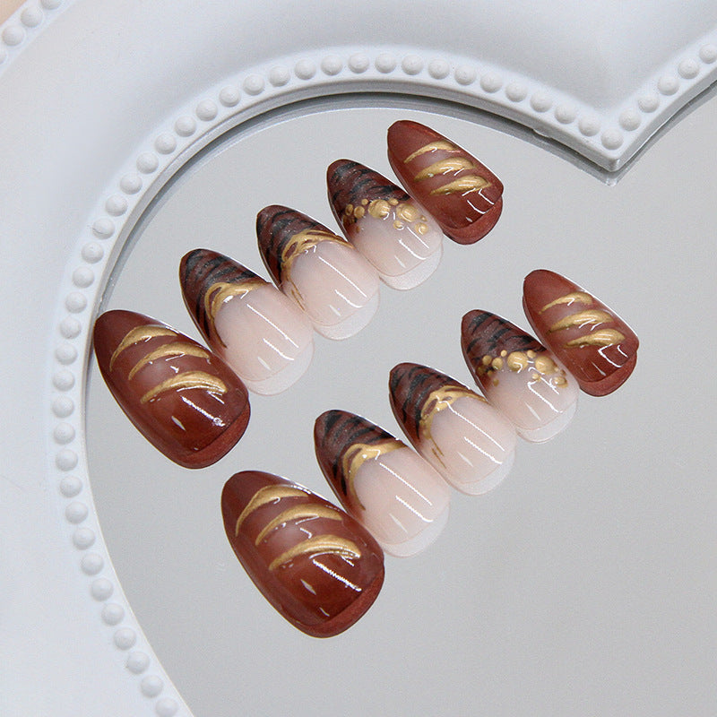 Autumn Elegance Medium Almond Brown and Beige Gradient Press-On Nail Set with Gold Accent Design