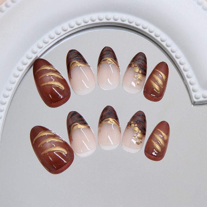 Rustic Elegance Medium Almond Brown Ombre with Gold Accents Press On Nail Set