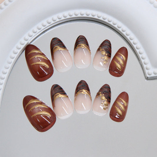Rustic Elegance Medium Almond Brown Ombre with Gold Accents Press On Nail Set