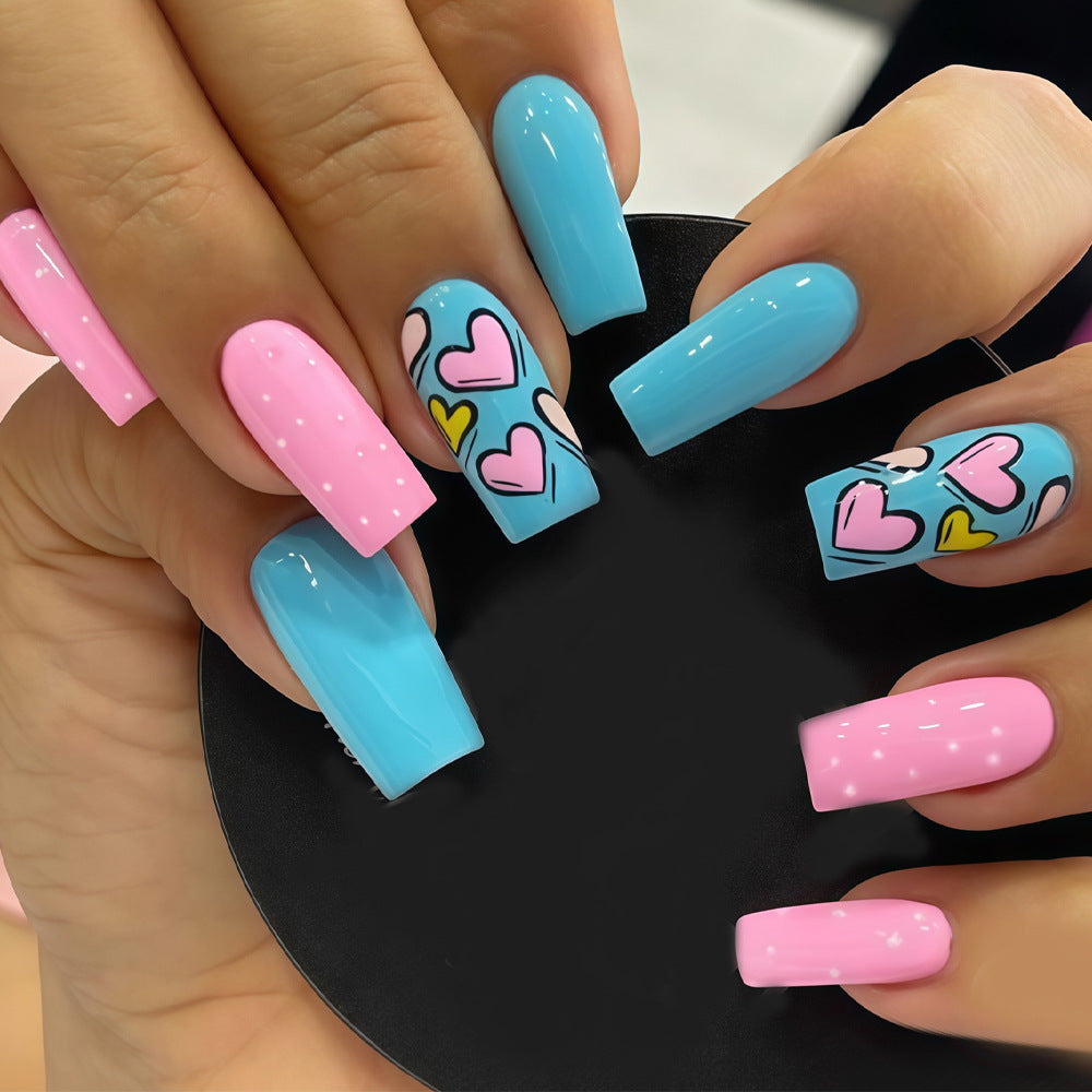 Charming Romance Long Square Blue and Pink Nail Set with Heart Patterns
