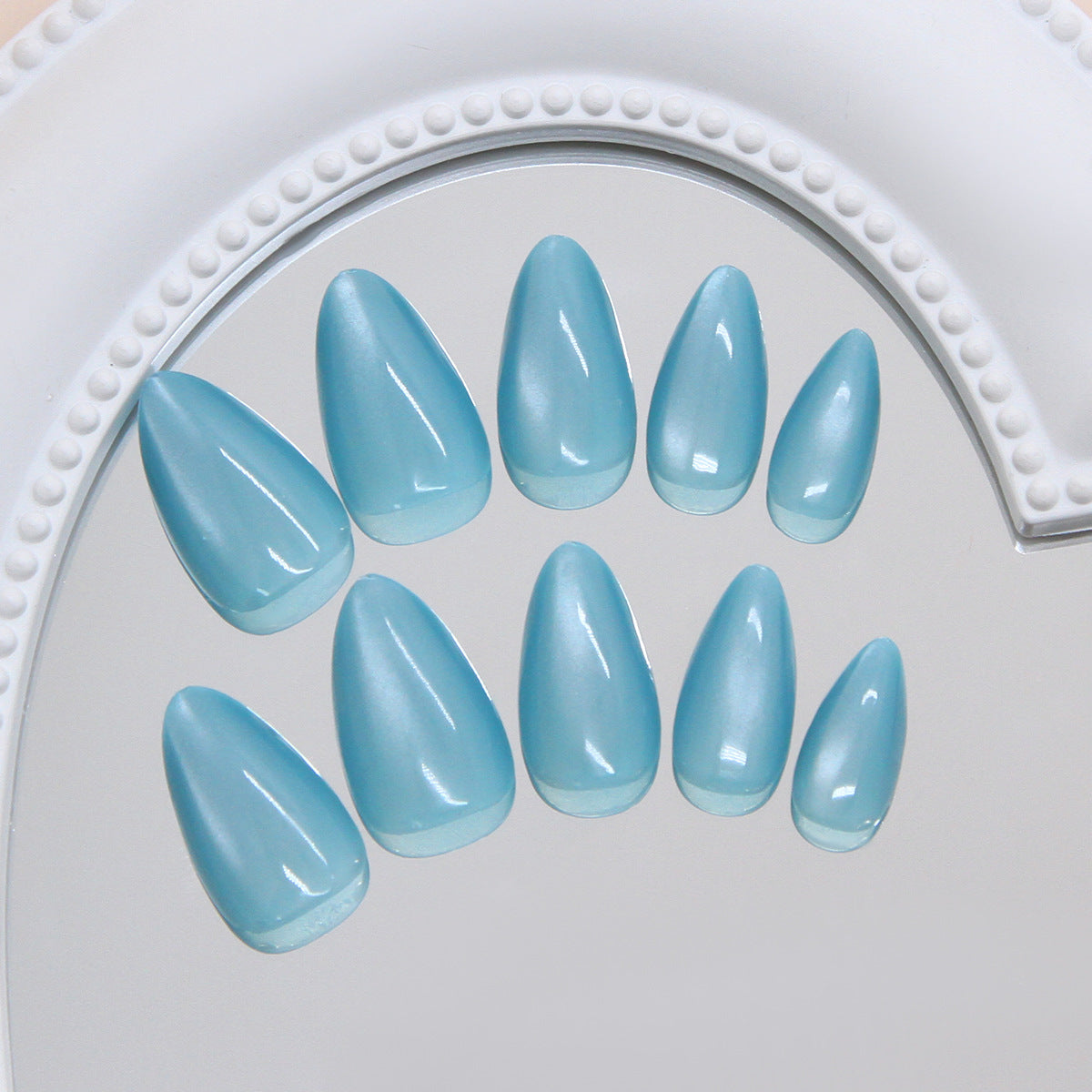 Ocean Breeze Elegant Medium Almond Shaped Aqua Blue Press On Nail Set with Shimmer Finish