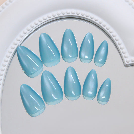 Ocean Breeze Elegant Medium Almond Shaped Aqua Blue Press On Nail Set with Shimmer Finish