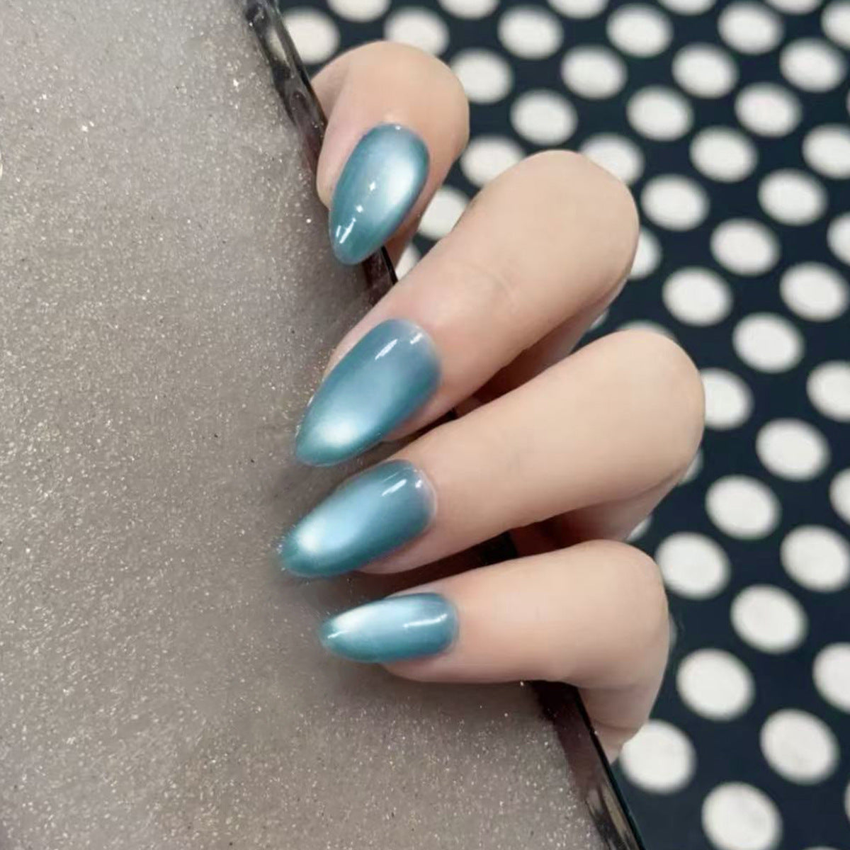 Ocean Breeze Dreamy Medium Almond Shaped Gradient Blue Press On Nail Set with Iridescent Finish
