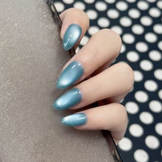Ocean Breeze Dreamy Medium Almond Shaped Gradient Blue Press On Nail Set with Iridescent Finish