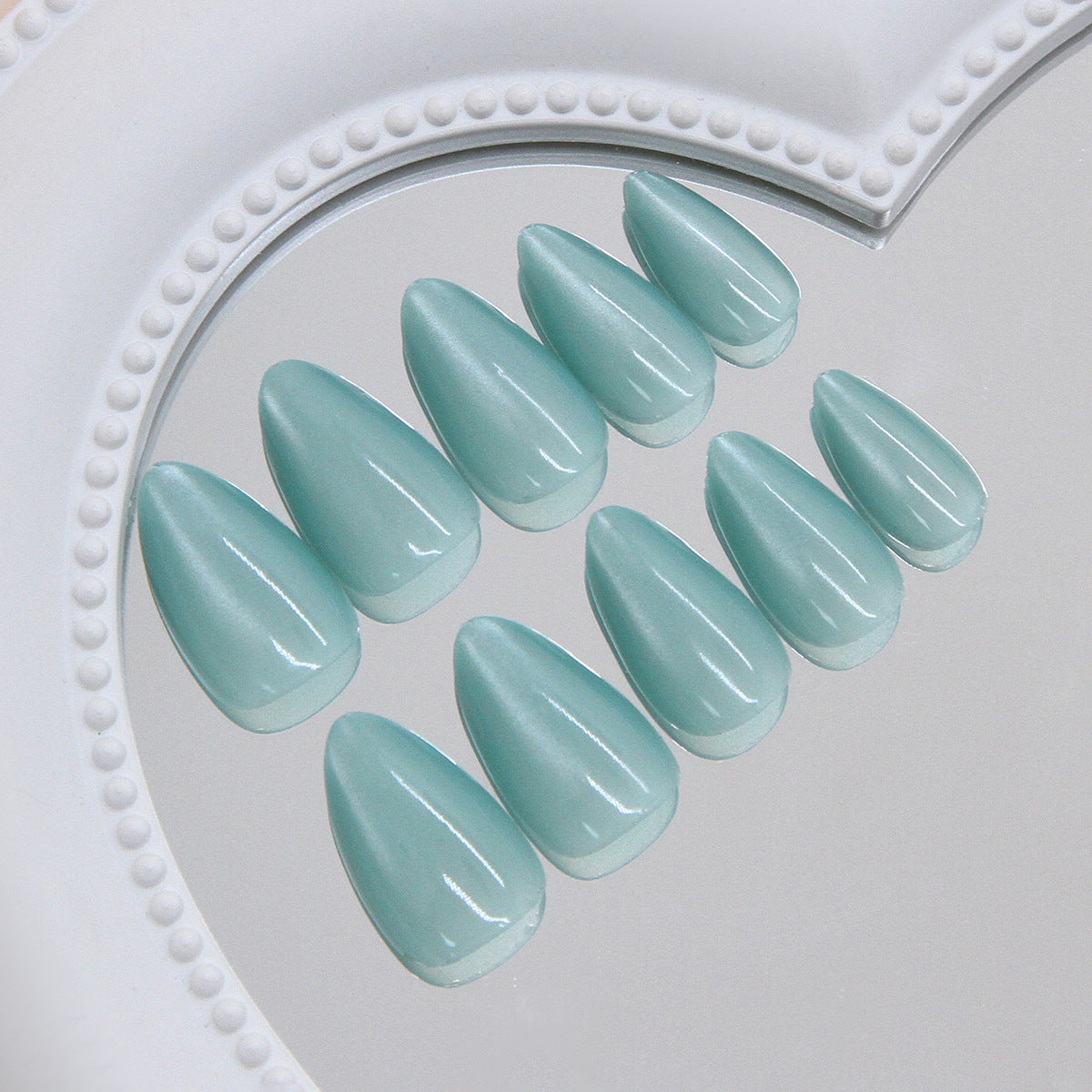 Mermaid Dreams Medium Almond Aqua Glossy Press-On Nail Set with Iridescent Finish