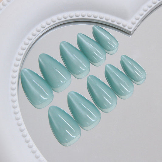 Mermaid Dreams Medium Almond Aqua Glossy Press-On Nail Set with Iridescent Finish