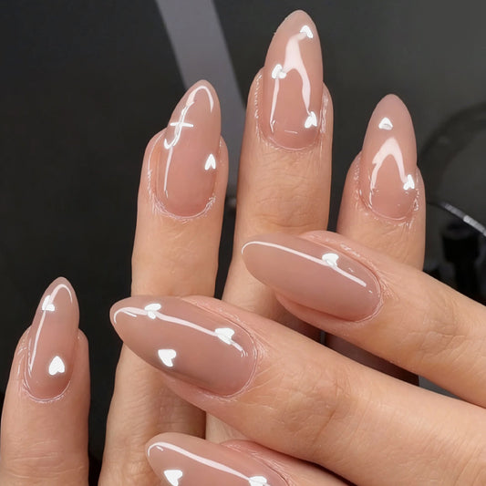 Glamorous Elegance Long Almond Pink Press On Nail Set with Heart Accents