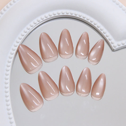 Elegant Blossom Chic Medium Almond Shape Natural Beige Color Glossy Finish Press On Nail Set