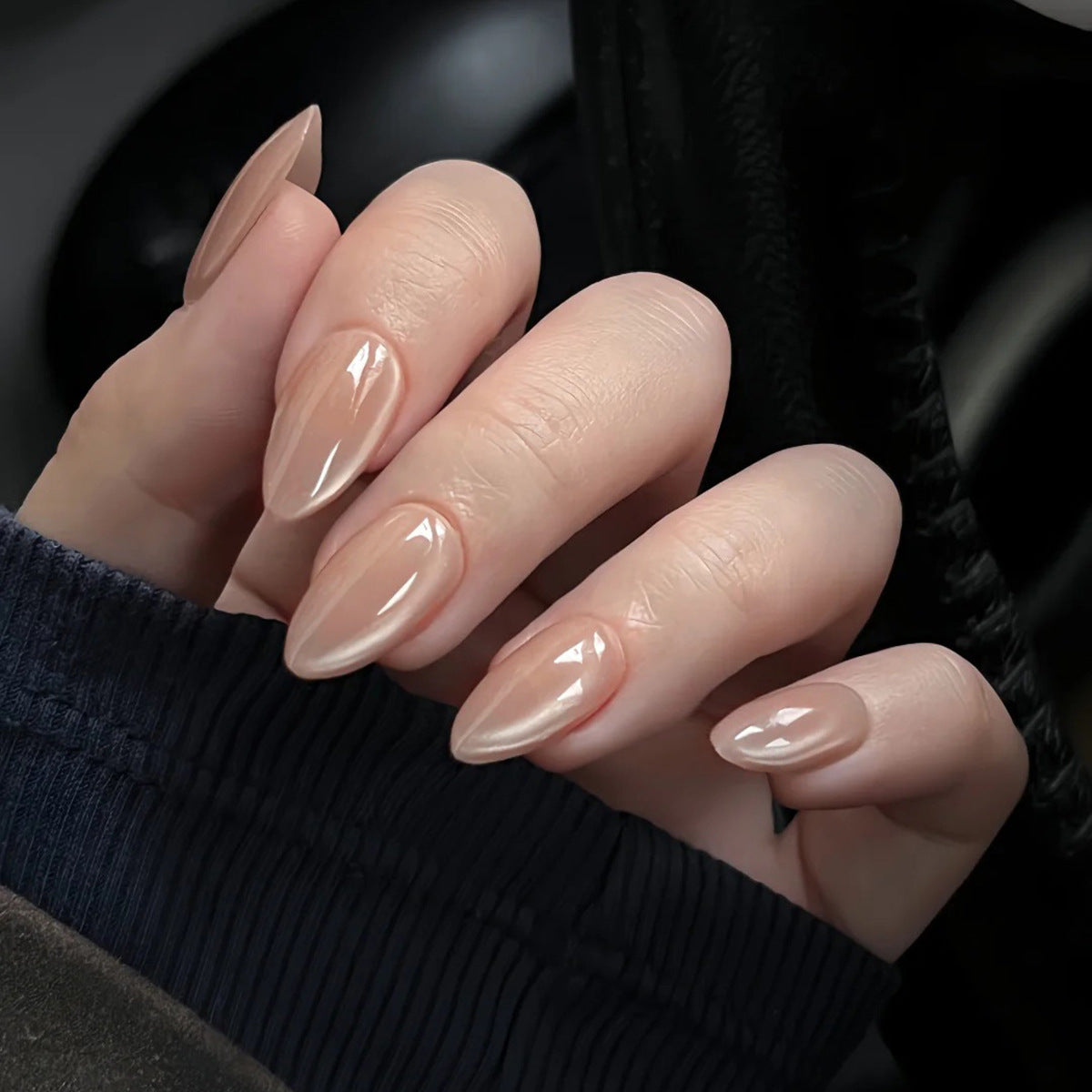 Chic Elegance Press On Nail Set Medium Almond Shaped Beige Color Glossy Finish