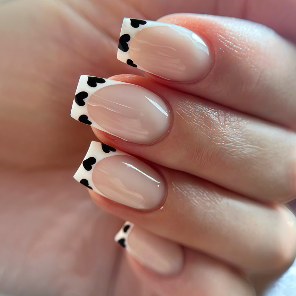 Charming Heartfelt Elegance Medium Square Clear with Black Heart Tips Press On Nail Set