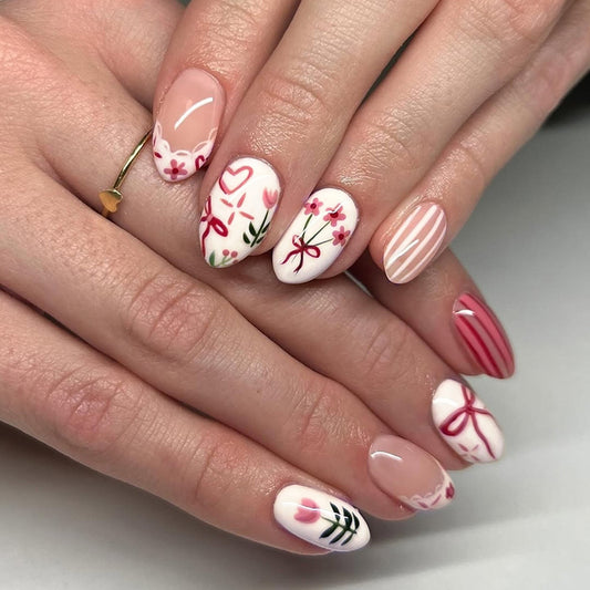 Blossom Breeze Short Almond Pink Floral Press On Nail Set with Whimsical Designs