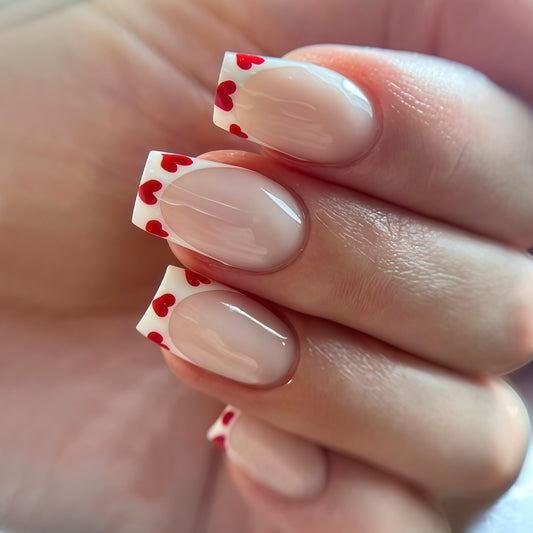 Love Blossom Elegant Medium Square White and Red Heart Accent Press On Nail Set