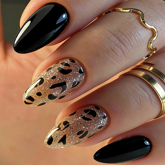 Bold and Fierce Glamorous Medium Almond Shaped Black and Glittery Leopard Print Press On Nail Set