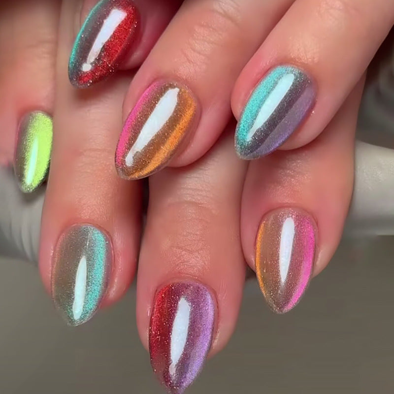 Enchanting Rainbow Ombre Medium Almond Press-On Nail Set with Iridescent Sparkle Finish