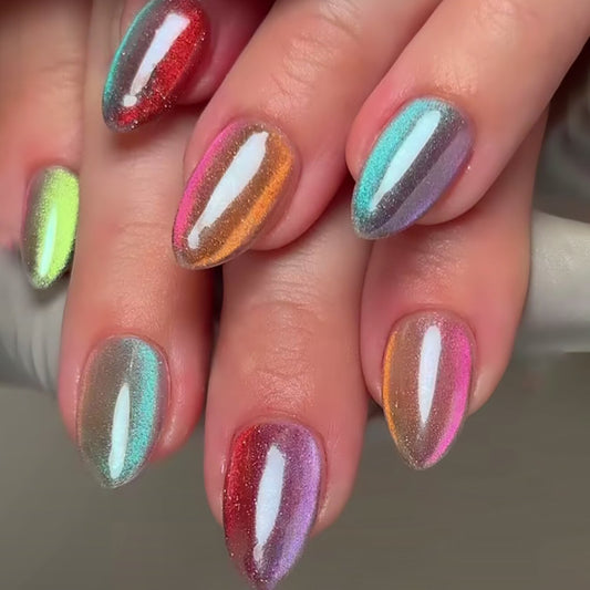 Enchanting Rainbow Ombre Medium Almond Press-On Nail Set with Iridescent Sparkle Finish