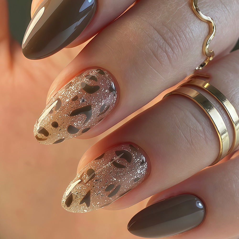 Wild Safari Medium Almond Shape Espresso Color with Glittery Animal Print Nail Set