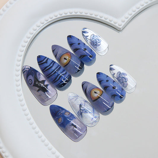 Mystical Night Blue Long Almond Shaped Gradient Press On Nail Set Featuring Intricate Artistic Designs