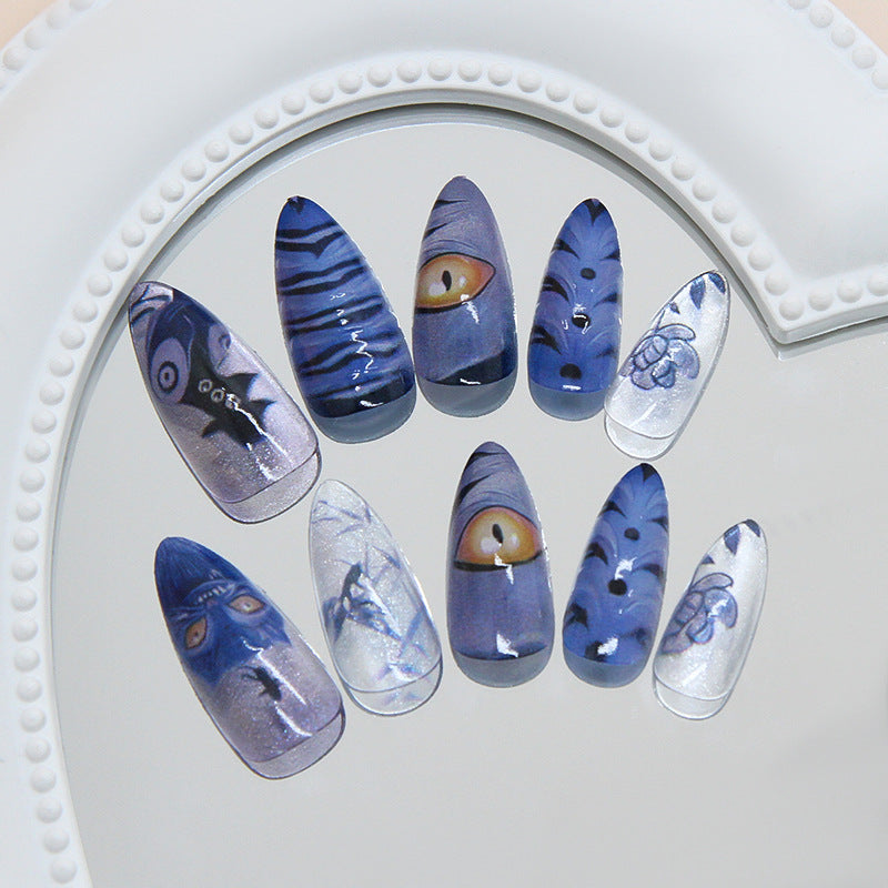 Mystical Ocean Dreams Long Almond Blue Nail Set with Unique Artistic Designs