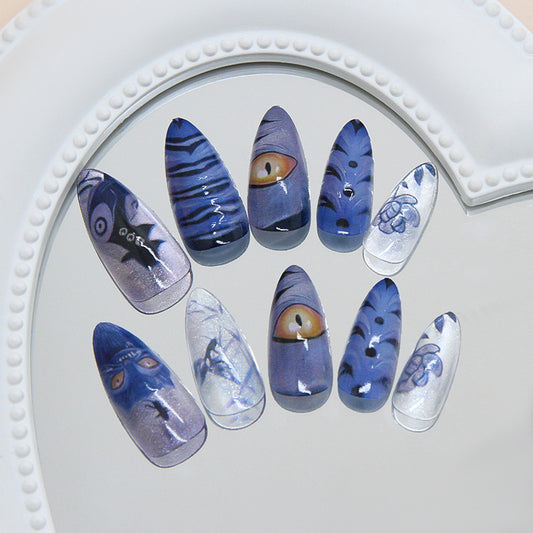 Mystical Ocean Dreams Long Almond Blue Nail Set with Unique Artistic Designs