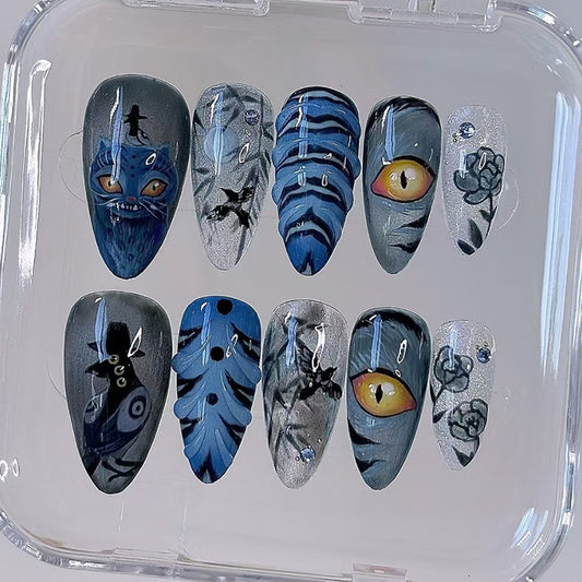 Mystical Ocean Dream Long Almond Blue with Intricate Creature Designs Press On Nail Set