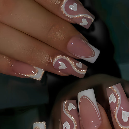 Romantic Heartfelt Medium Square Pink with White Swirl Design Press On Nail Set