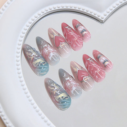 Romantic Garden Long Almond Shaped Pink and Blue Marble Effect Nail Set
