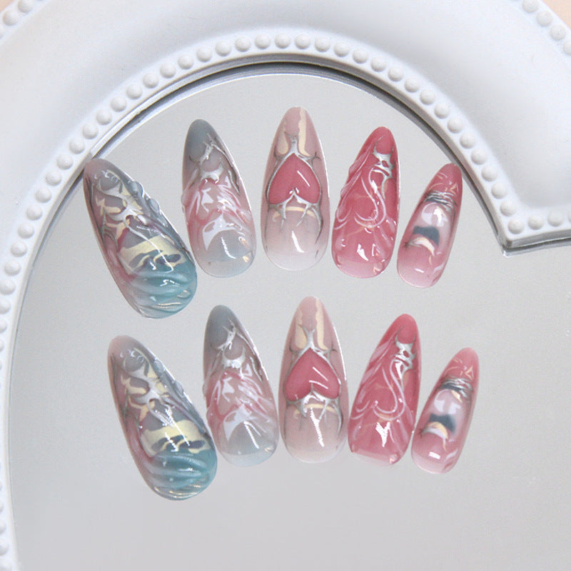 Romantic Ocean Inspired Long Almond Shaped Pink and Blue Gradient Nail Set with Unique Heart Art Design