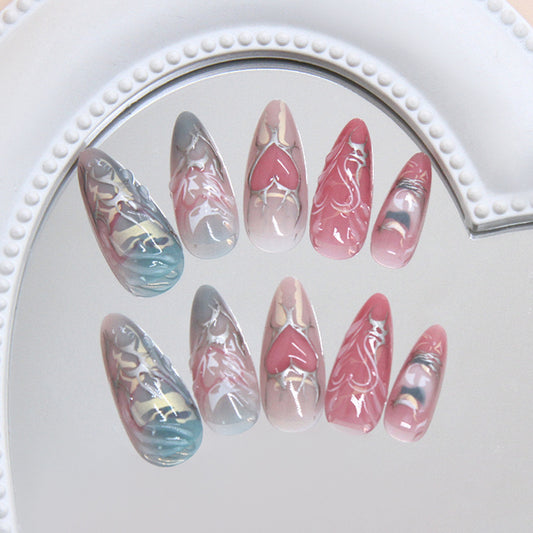 Romantic Ocean Inspired Long Almond Shaped Pink and Blue Gradient Nail Set with Unique Heart Art Design