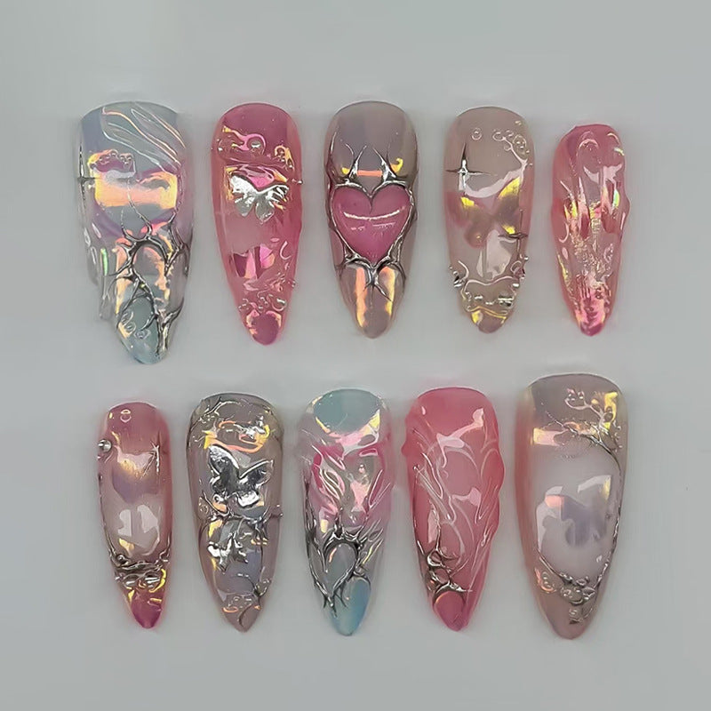 Dreamy Blossom Long Almond Pink Ombre with Iridescent Butterfly Accents Press on Nail Set