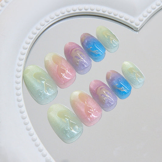 Whimsical Pastel Short Oval Press on Nails in Gradient Colors with Iridescent Finish