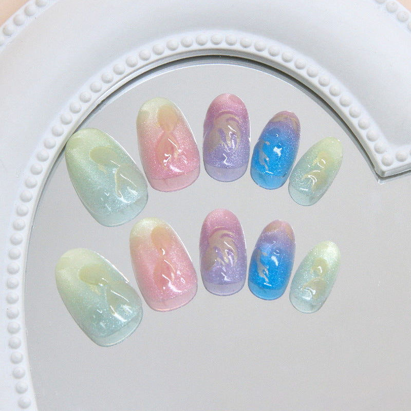 Whimsical Dreams Short Oval Pastel Glitter Gradient Press On Nail Set with Unique Swirl Design