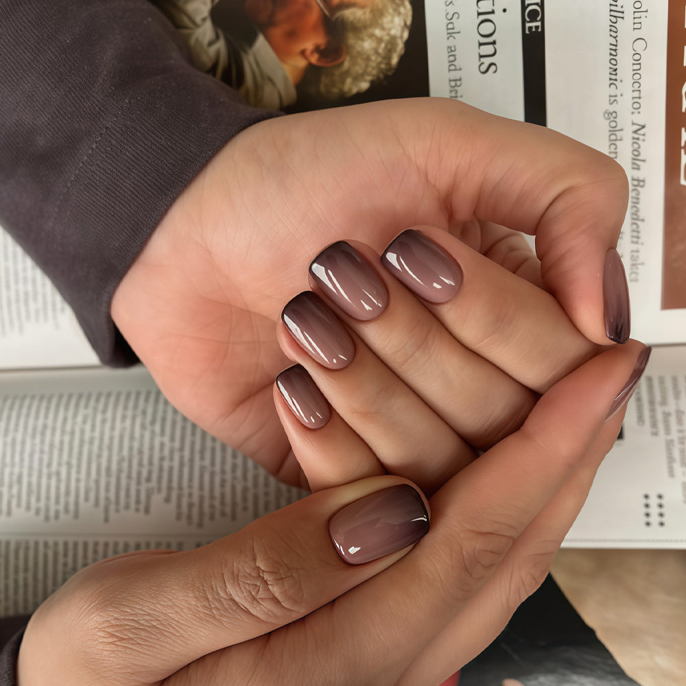 Elegant Twilight Ombre Short Square Brownish Gradient Press On Nail Set with Glimmering Finish