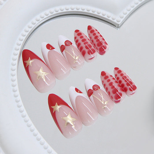 Charming Festivity Long Almond Red and Pink Press On Nail Set with Glittering Star Accents