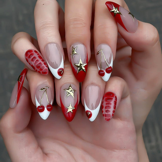 Charming Cherry Delight Long Almond Red and Beige Press On Nail Set with Eye-Catching Gold Accents