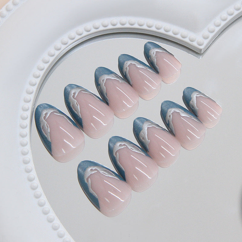 Whimsical Ocean Inspired Medium Almond Shaped Soft Pink and Navy Marble Effect Press On Nail Set