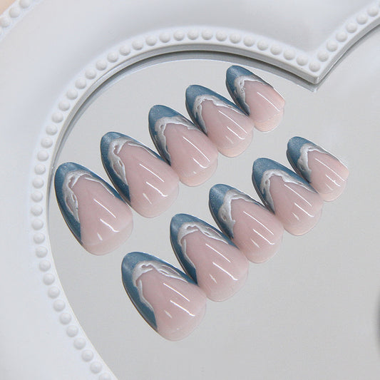 Whimsical Ocean Inspired Medium Almond Shaped Soft Pink and Navy Marble Effect Press On Nail Set