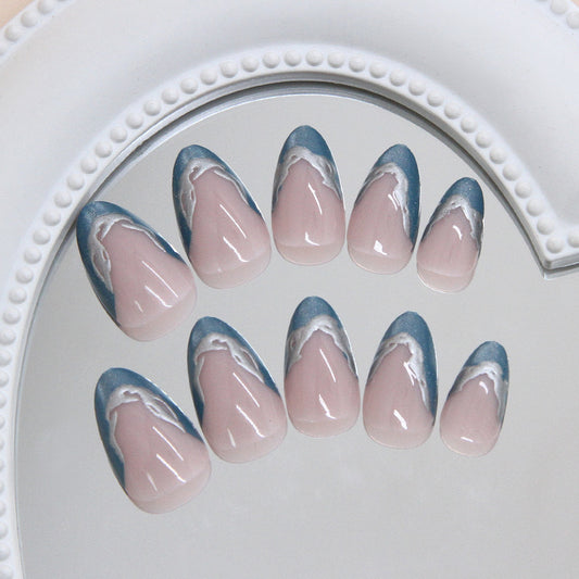 Ocean Breeze Medium Almond Shape Blue and Pink Marble Press-On Nail Set