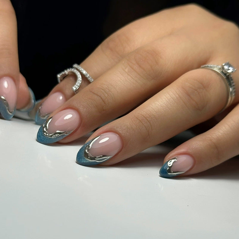 Ocean Wave Elegance Medium Almond Blue and Clear Ombre Press On Nail Set with Shiny Silver Accents