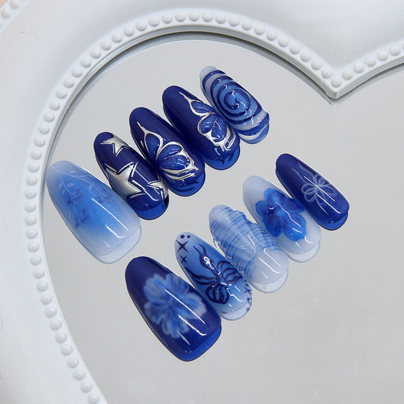 Nautical Dreams Long Almond Blue Ombre Nail Set with Intricate Floral Designs