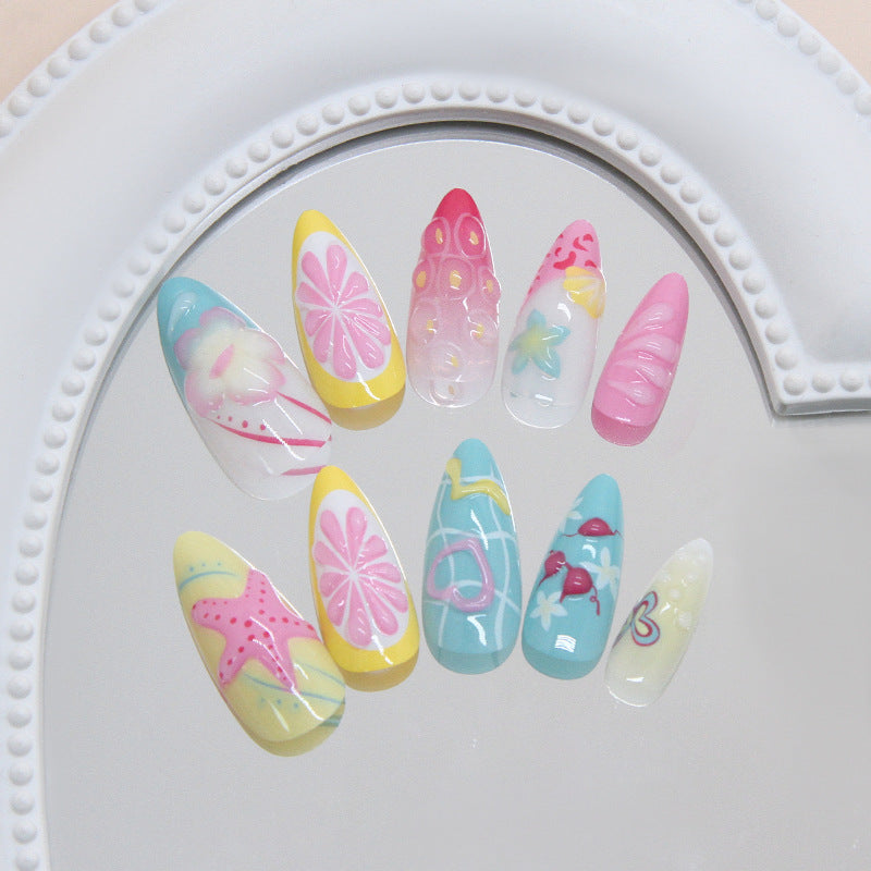 Tropical Vibes Long Almond Blue Pink Yellow with Floral and Starfish Designs Press On Nail Set