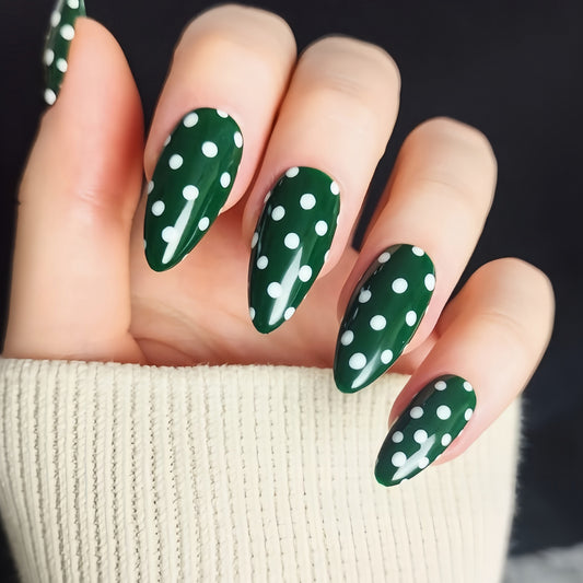 Whimsical Forest Green Long Almond Shaped Press on Nail Set with Charming Polka Dots Design