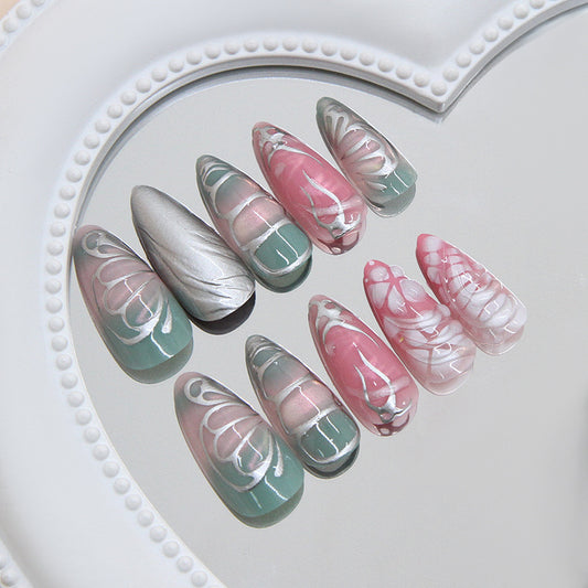 Nature's Elegance Long Almond Green and Pink Marble Press-On Nail Set with Intricate Floral Designs