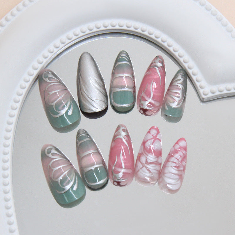 Dreamy Whispers Long Almond Green and Pink Swirled Press On Nail Set with Glamorous Metallic Accent