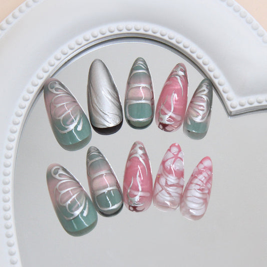 Dreamy Whispers Long Almond Green and Pink Swirled Press On Nail Set with Glamorous Metallic Accent